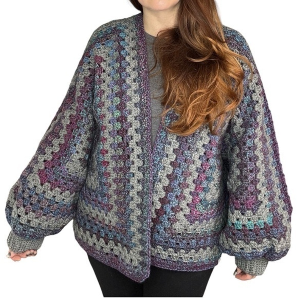 Handcrafted Crochet Cardigan Sweater Octagon Granny Stitch Wide Sleeve Oversized